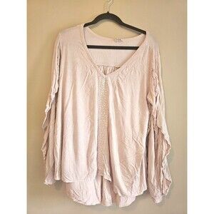 POL Blush Flowy Long Sleeve Top – Embroidered Trim Boho Style oversize small